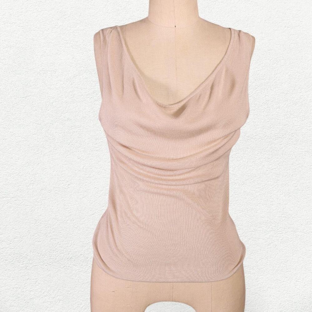 Meshki Brenda Draped Front Knit Top in Stone | Beige Sleeveless Cowl Neck Tank